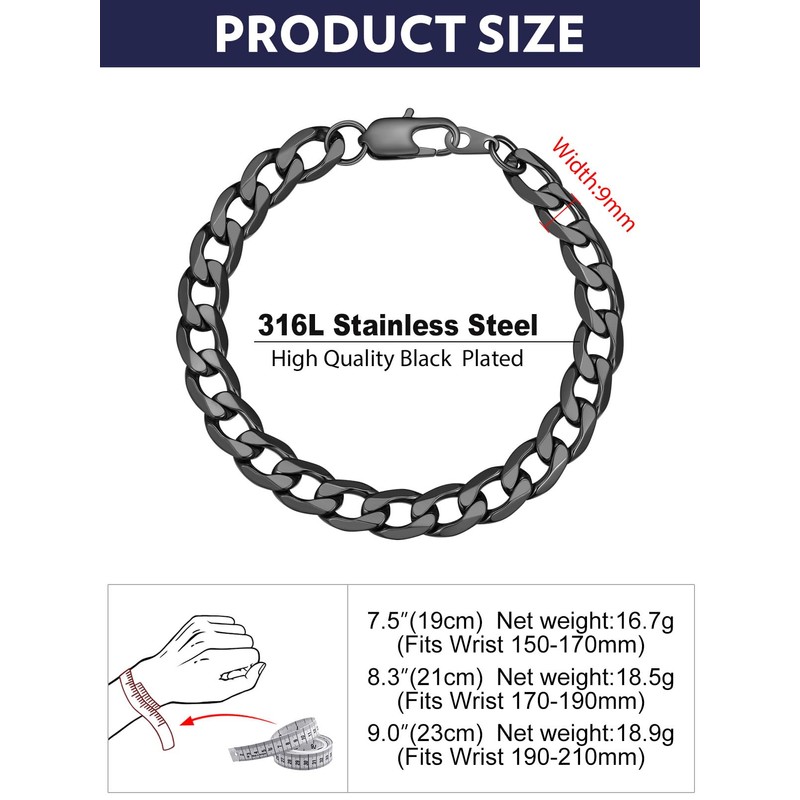 Bandmax Cuban Link Bracelet, Stainless Steel Wrist Chain for Mens,