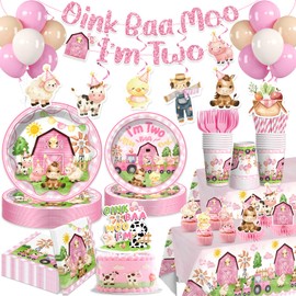 Yingoto 213pcs Oink Baa Moo Im Two Party Decorations for Girl Serves 25