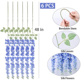 mizii 6Pcs Royal Blue Wisteria Hanging Flowers 48" Silk Wisteria Artificial Flowers Garland Vines Fake Hanging Flowers Decoration for Wedding Flower Wall Backdrop Centerpieces Room Decor (Royal Blue)