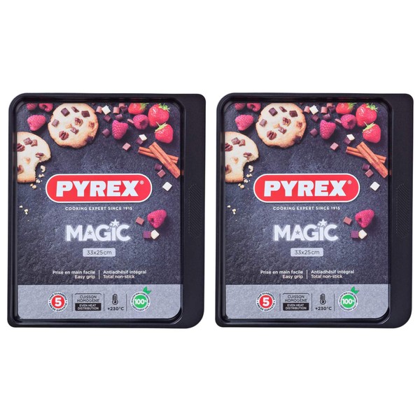 Pyrex Magic Rectangular Baking Tray Easy Grip Non Stick Coating 33 x 25cm Black (Pack of 2)
