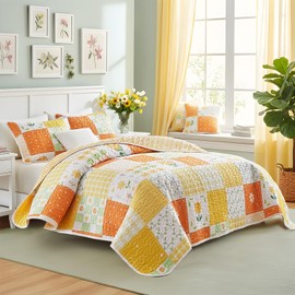 Patchwork Quilt Set Queen Size 3 Pieces Yelllow Orange White Pink Leaves Floral Plaid American Country Bedspread Coverlet Set for All Season Soft Colorful Flowers Botanical Microfiber Bedding Set