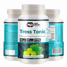 Tress Tonic Capsules(Tablets), a unique combination of Bhringraj, Curry Leaves and Amla Fruit in (50:25:25) Ratio, 300 pills, 150 Servings, 1000 mg per servings, Hair Growth Supplement. Pack of 1