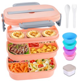 Bento Box Adult Lunch Box, Stackable Bento Lunch Container for Adults Kids, 3 Layer Portable Lunch Containers with Utensils, Sauce Jar, Muffin Liners, 63oz, Microwave & Dishwasher Safe, Pink