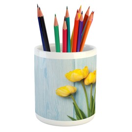 Ambesonne Tulip Pencil Pen Holder, Yellow Flowers on Old Wooden Rustic Background Valentines Romantic Theme, Ceramic Pencil Holder for Desk Office Accessory, 3.6" X 3.2", Yellow Green Pale Blue