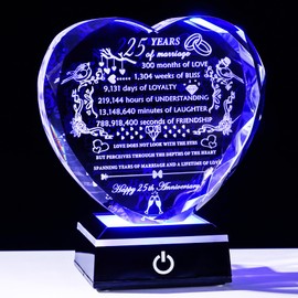 YWHL 25th Wedding Anniversary Crystal Gifts with LED Base Laser Engraved 25th Anniversary Heart Keepsake Gift for Couples Parents Romantic 25 Years of Anniversary Marriage Gifts for Wife Husband
