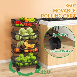 Newzealkids Fruit Basket for Kitchen 4 Tier Stackable Fruit Vegetable Storage Baskets with Wheels Metal Wire Storage Basket Organizer Cart for Kitchen Livingroom Diningroom Office, Black