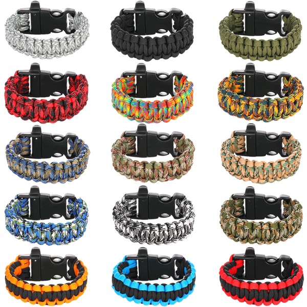 JGUF 15 PCS Paracord Bracelets for Men (Whistle Style)