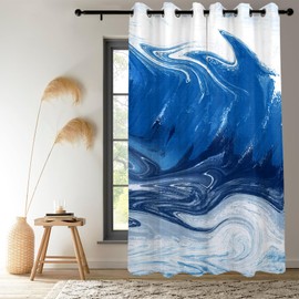Renaiss Blue and White Blackout Curtains Abstract Ocean Thermal Insulated Window Drapes for Bedroom 42W x 84L inches 2 Panel Set Luxury Liquid Marble Window Curtain Panels for Living Room