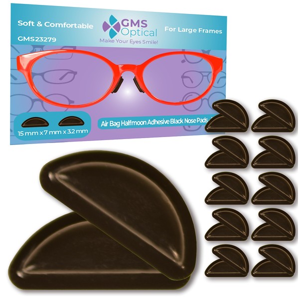 GMS Optical Adhesive Anti-Slip Halfmoon Air Bag Cushion Silicone Nose Pad Reduce Pressure and Prevent Slipping for Glasses, Eyeglasses, Sunglasses(15mm x 7mm x 3.2mm) (10 Pair) (Black)