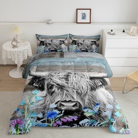 Homewish Highland Cow Comforter Set Queen Size,Colorful Flowers Quilt Set 3pcs for Kids Teens Adults Room Decor,Rustic Farmhouse Barn Wooden Bedding Set Nature Animals Plants Duvet Insert,Blue Grey
