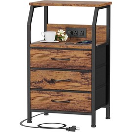 Furnulem Night Stand with Charging Station, USB Ports and Outlets, 28.3 Inch Tall Bedside Table with Wood Shelf, 3 Fabric Drawers Side Table for Bedroom, 3 Ways to Use, Rustic Brown