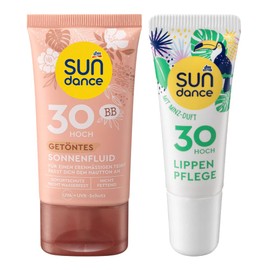 SUNDANCE 2er-Set Sonnenschutz: SONNENFLUID getönt LSF 30 passt sich dem Hautton an für einen ebenmäßigen Teint (50 ml) + Lippenpflege MINZE LSF 30 (10 ml), 60 ml