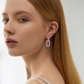 ALEXCRAFT Cubic Zirconia 925 Sterling Silver Hoop Earrings for Women Dangling Double Hoop Rectangle Paperclip Link Earrings