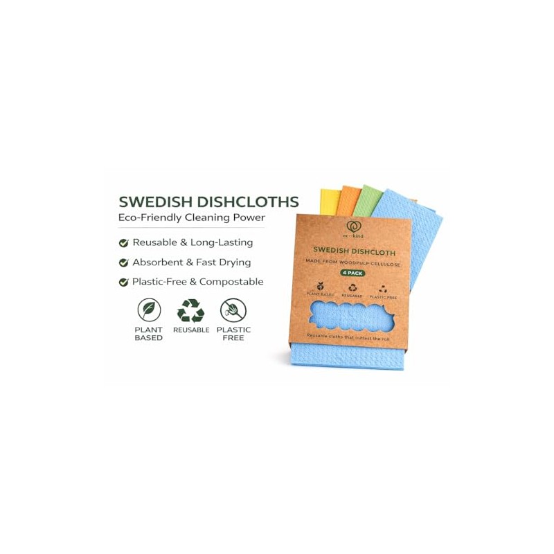 ECOKIND | 4 Pack Swedish Dish Cloths | Reusable Cleaning