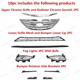 NAYSON 10PC For Sonata 2011-2014 Upper Lower Grille Fog lamps Bumper Retainer Brackets