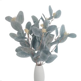 Wuudi 4Pcs Artificial Eucalyptus Leaves Stems Faux Eucalyptus Plant Branches for Vase Filling Home Decoration Flowers Wedding Holiday Arrangement (Light blue)