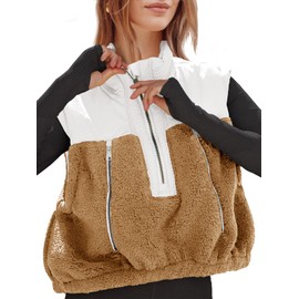 Tankaneo Womens Cropped Vests Outerwear Color Block Half Zipper Fleece Sherpa Sleeveless Winter Coats Jackets with Pockets