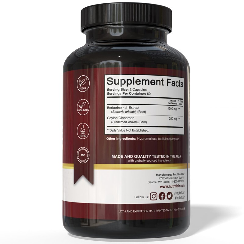 NutriFlair Berberine with Ceylon Cinnamon 1450mg Supplement – 120 Capsules