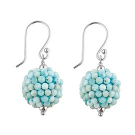 CRYSTALIS Larimar-Pectolite Balls Beads Earring Set, Beaded Pairs Jewelry for Women, Natural Micro Beads Gemstone, Chakra Healing Crystal, Wardrobe Essential Jewelry, 925 Sterling Silver