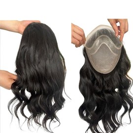 Teraman 12inch Long Human Hair Toupee for Men Loose Wave 10"x8" Hair Replacement System Men's Hairpieces Natural Hairline Lace Front+Mono net with PU around Base (#natural black color)