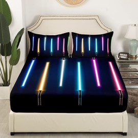 Colorful Lightsaber Fitted Sheet,Twin Size Lightsaber Collections Colorful Neon Theme,Soft Decorative Fabric Bedding Deep Pocket for Children Teens Young Boys Girls,with 1 Pillowcase