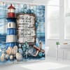 Lighthouse Bible Verse Shower Curtain Beach Coastal Seashell Starfish Blue