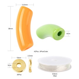 BEEFLYING 42pcs Acrylic Tube Beads Set Rainbow Plastic Curved Noodle Beads Lined Loose Beads for Jewelry Making Craft Supplies