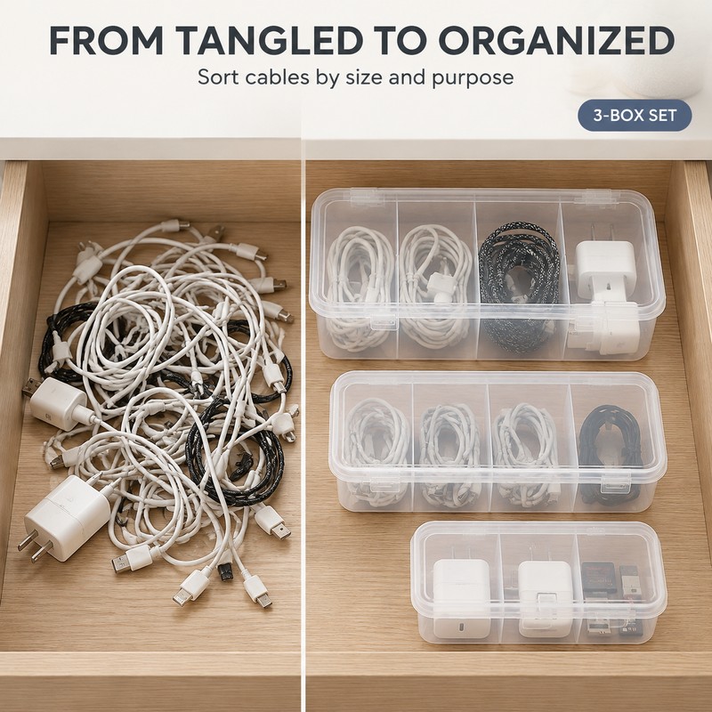 3-Pack Transparent Cable Organizer Storage Boxes with Lids and Dividers
