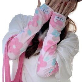 アームカバー レディース UVカット 夏 日焼け防止 アームスリーブ【UPF50+・紫外線対策・ゆったり・手の甲までカバー・】レディース UVカットアームカバー 日焼け止め UV腕カバー 日焼け対策 吸汗速乾 指穴あり ズレ防止 可愛い おしゃれ 蚊避け レディース メンズ 四季 男女兼用 (花－ピンク)