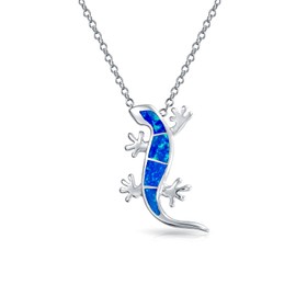Nautical Tropical Holiday Beach Green Blue Created Opal Gecko Lizard Pendant Necklace for Women Teen 925 Sterling Silver, Sterling Silver, Opal