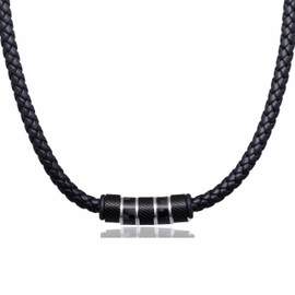 David Galvani Men's Necklace with Bead Pendant Stainless Steel Necklace for Men Stainless Steel Ball Leather Chain Braided Leather, Leather