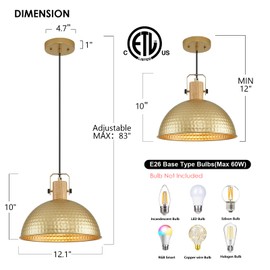 ALAISLYC 12 Inch Gold Pendant Lights Hammered Matte Pendant Lights for Kitchen Island Industrial Farmhouse Adjustable Height Dome Hanging Light Fixtures for Barn, Dining Room 3 Packs
