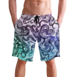 visesunny Cool Octopus Print Men's Beach Shorts Summer Swim Trunks Sports Running Bathing Suits with Mesh Lining