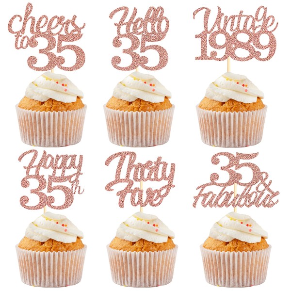 Sotpot - Decoraciones para cupcakes de 35 cumpleaños, 30 piezas de oro rosa con purpurina fabulosa/salud/Hello 35 púas para cupcakes para fiesta de cumpleaños (6 estilos)