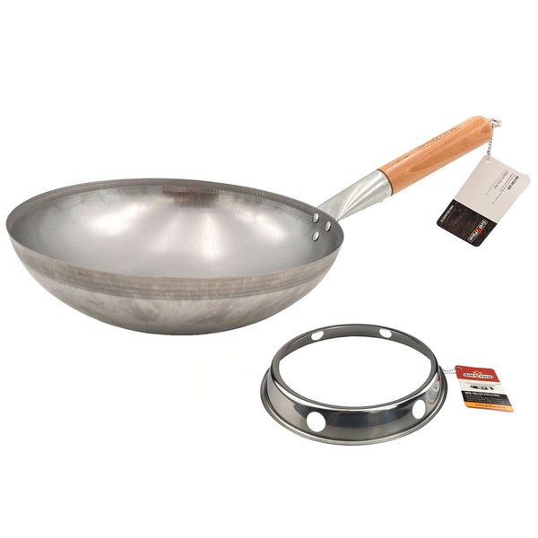 Grillfürst Wok Pan Stainless Steel Diameter 30 cm with Wooden Handle Stainless Steel Pan with Round Pan Base Ideal for Side Cookers of a Grill or Gas Hob Including Wok Ring