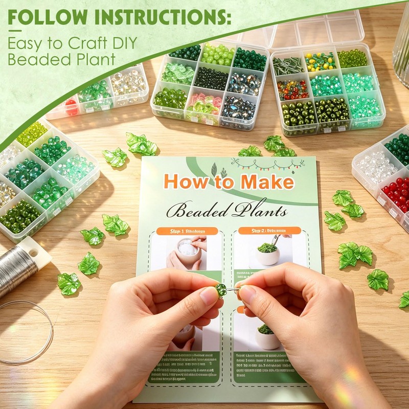 MROUEN 4074 Pcs Green Glass Beaded Plant DIY Kit –