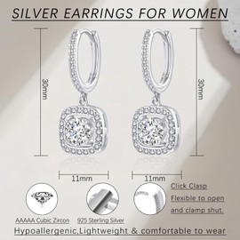Josfeva 925 Sterling Silver Hoop Earrings with Pendant, Square Ear Rings Hanging with Cubic Zirconia, Silver 925 Hoop Earrings for Women, Hypoallergenic Dangle Earring for Birthdays with Gift Box