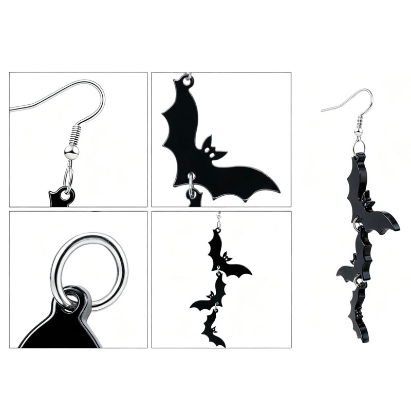 Halloween Bat Dangle Earrings – Black Triple Bat Drop Jewelry