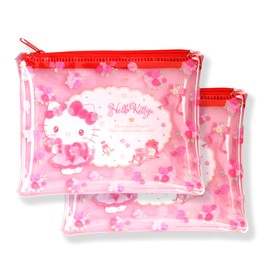 MENBLY Japan San-rio Clear Flat Mini Pouch 2-Pack - Flower Pattern Makeup/Cosmetic Bag - Compact & Durable - Ideal for Coins, Cards, Cosmetics, Stationery (Kitty)