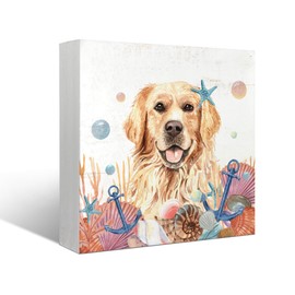 Mtrgdn Dog Decor,Golden Retriever Wooden Box Sign Desk Decor,Dog Lovers Gift,Ocean Beach Nautical Dogs Wood Box Sign for Farmhouse Home Beach House Bathroom Counter Shelf Wall Decoration,5x5 Inch