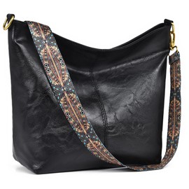 Fashion Hobo Bags for Women Vegan Leather Crossbody Bag with Guitar Strap Shoulder Purses and Handbags (Black)