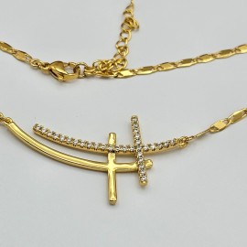 JEYFEL 24K Gold Plated Double Cross Clear Crystals Necklace. Faith, strength, Unity