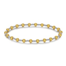 Catuni Mixed Metal Bracelet Non Tarnish Stainless Steel Gold Bead Bracelet Silver and Gold Two Tone Waterproof Stretch Bangle for Women