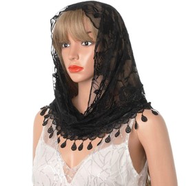 Ursumy Lace Mantilla Veil Triangle Lace Veil Catholic Church Veils Infinity Chapel Veil Tulle Scarf Head Covering Latin Mass (Black)