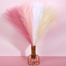 60 Pcs Pink Faux Pampas Grass Decor, 17.7 Inch Fluffy Artificial Colored Pompas Grass Fake Short Pompous Blush White Boho Vase Filler Bulrush Flower Arrangement for Home Wedding Party Room Decorations