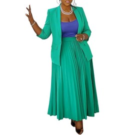 Women's Plus Size 2 Piece Outfits Casual Open Front Blazer and High Waist Pleated Maxi Skirt Sets Business Suits, Green, 2XL