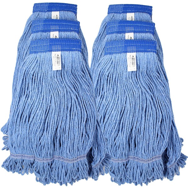 Turkey Creek Essentials Mop Heads Commercial Grade USA Made Looped End Heavy Duty Large Mop Head of Blue 4-Ply Synthetic Yarn Industrial Wet Mop Head Replacement and String Mop Refills (6, Large)