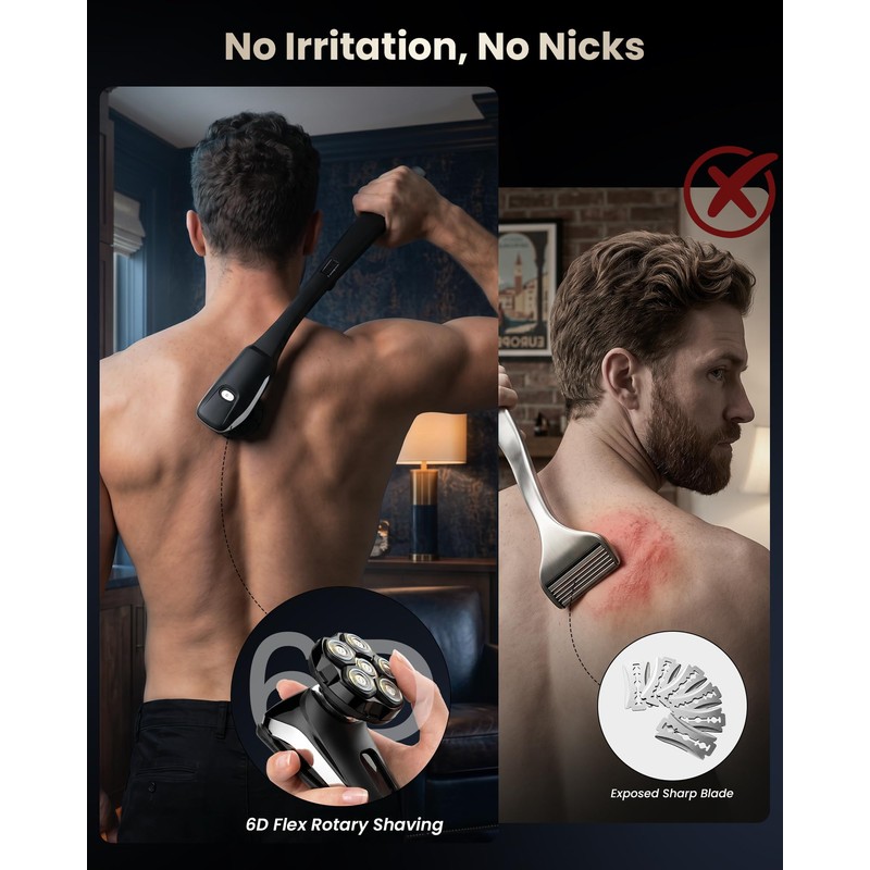 Electric Back Shaver for Men w/Long Handle, 6D Body Shaver
