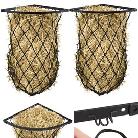 Yaocom 2 Set Wall Hay Feeder with Net Corner Hay Rack Black Corner Hay Feeder Frame with Slow Feed Hay Net for Horses Goat