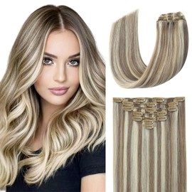EYEFULL STELL Clip in Hair Extensions Human Hair 18 inch 120g 7PCS Remy Ash Brown Highlights Platinum Blonde Clip ins 100% Real Human Hair Thick Straight Natural Layered Clip on Hair Extensions